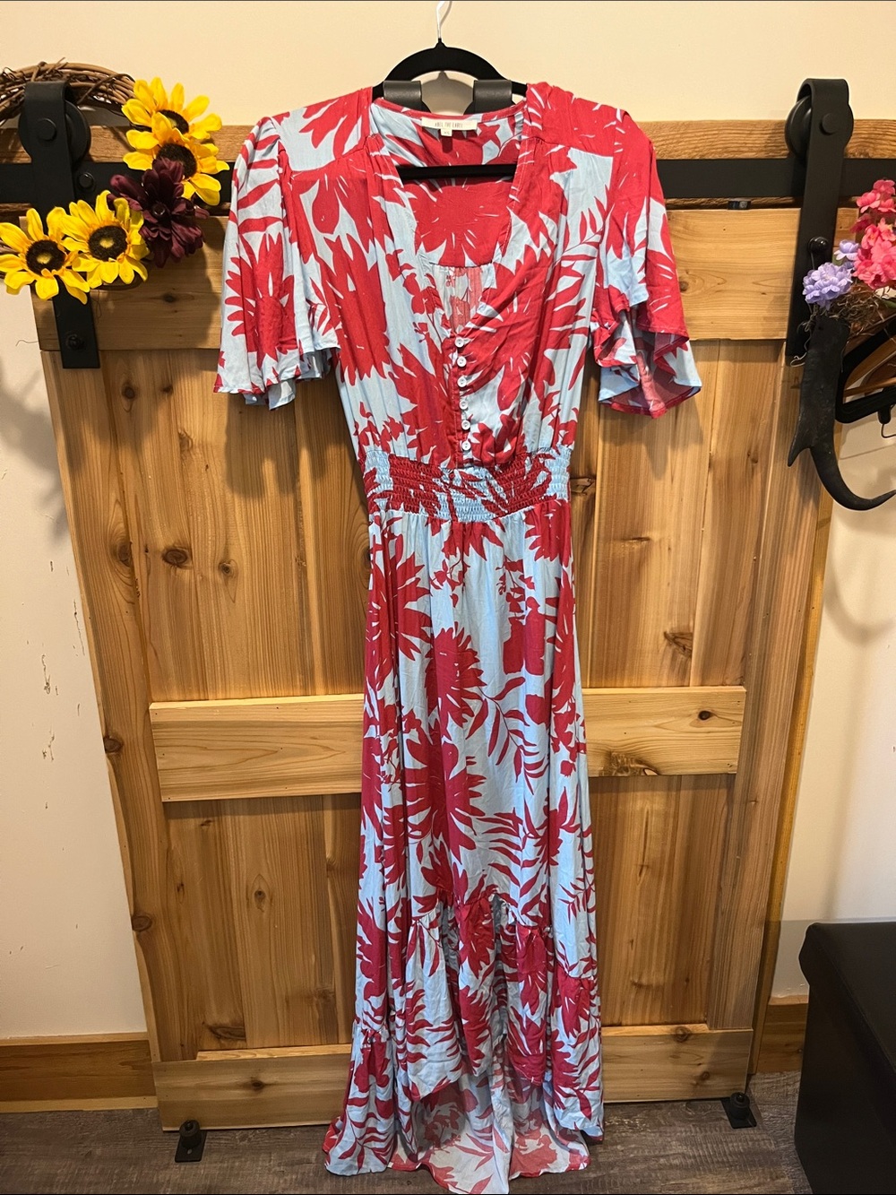Abel the Label Sky Blue and Dark Pink Floral Maxi Dress with Smocked Waist